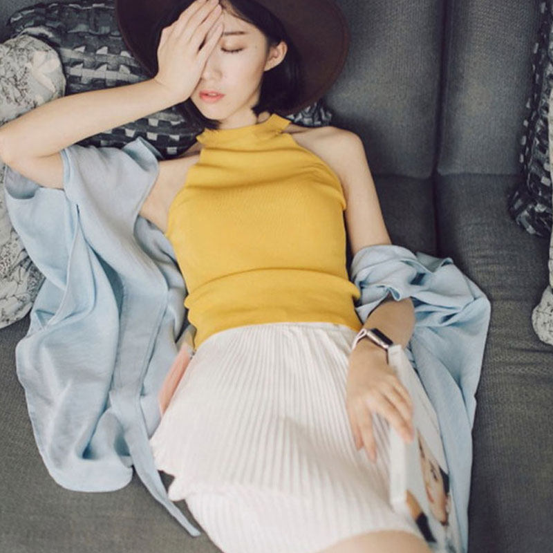 French design sense knitted black hanging neck sling to cover the breast vest female temperament slim fit inside and outside wear summer top