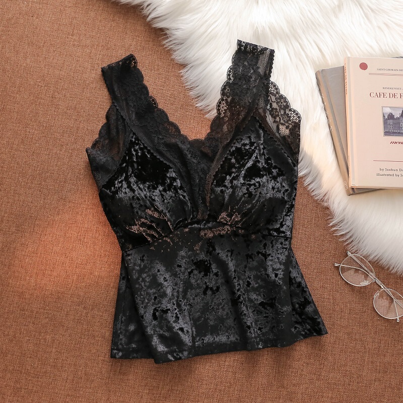 Black Velvet Camisole Women's Suit with a Unique Design, Sexy New Style, High-End Lace Splicing, Hot Girl Top