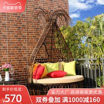  Outdoor rattan bed Outdoor courtyard birds nest bed Creative bed Balcony terrace round bed Waterproof sunscreen leisure furniture