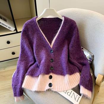 Xiaoxiangfeng purple long-sleeved v-neck fake two-piece knitted sweater cardigan jacket lazy high-end top