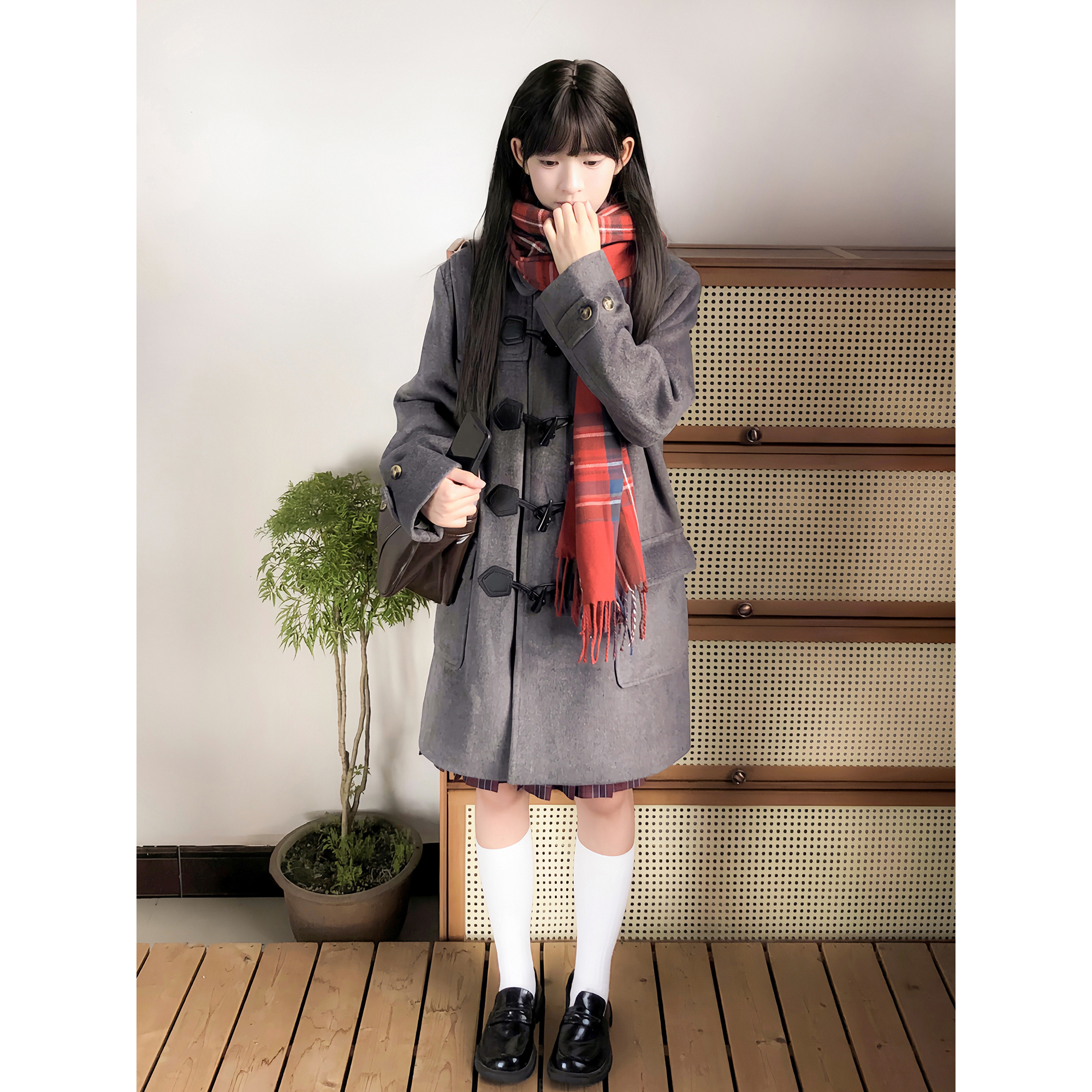 Cherry jk [Winter Mist] 和風フード付きホーンボタンコート レディース オリジナルカレッジ風厚手ロングコート