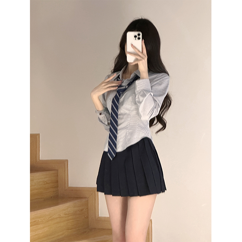 Cherry Jk Original [Forbidden Girl] Striped Waist-Tightening Shirt Women's Short/Long Sleeve Shirt Jk Uniform Set