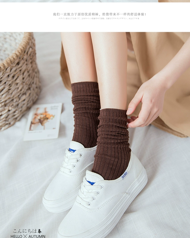 Cọc vớ, vớ ống của phụ nữ, vớ cotton, nghệ thuật mùa xuân, vớ, mùa xuân và mùa thu, thủy triều, phiên bản Hàn Quốc, dày lên, gió đại học, màu đặc - Vớ bông