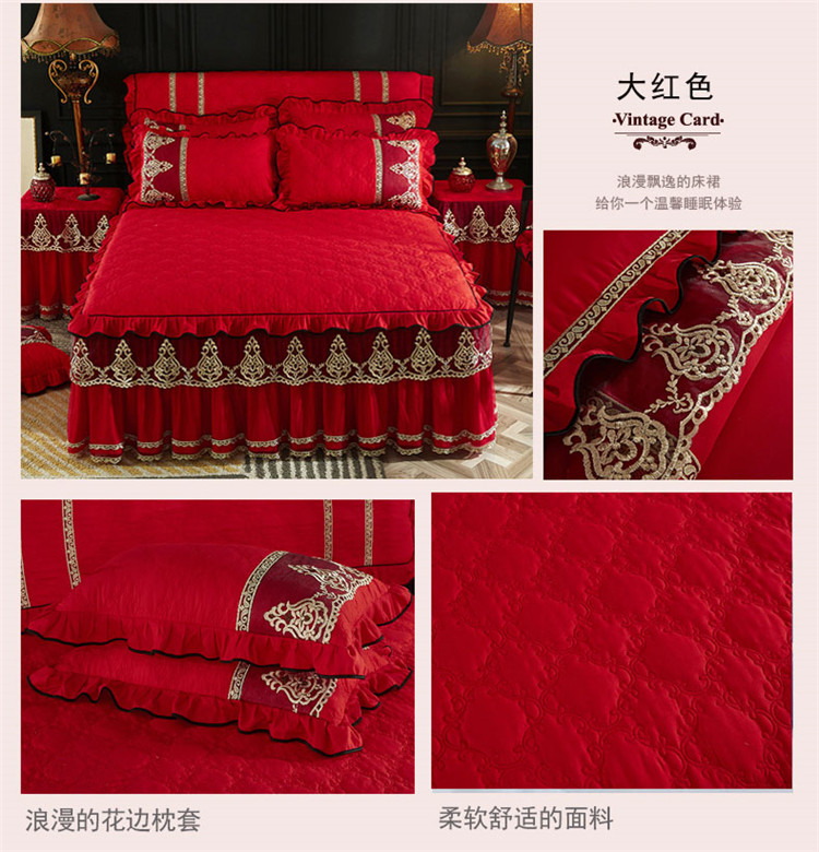 Chải mùa thu và mùa đông châu Âu bông giường váy sợi denim ren bedspread chúa mô hình bộ đồ giường ấm áp - Bộ đồ giường bốn mảnh bộ chăn ga gối cotton
