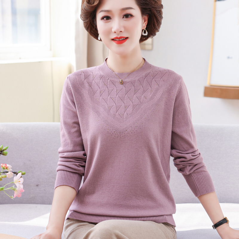 Middle-Aged Spring and Autumn Stretchy Top, New Style for Middle-Aged and Elderly Women, Thin Autumn Sweater, Solid Color Base Shirt for 40-50 Year Old Mothers