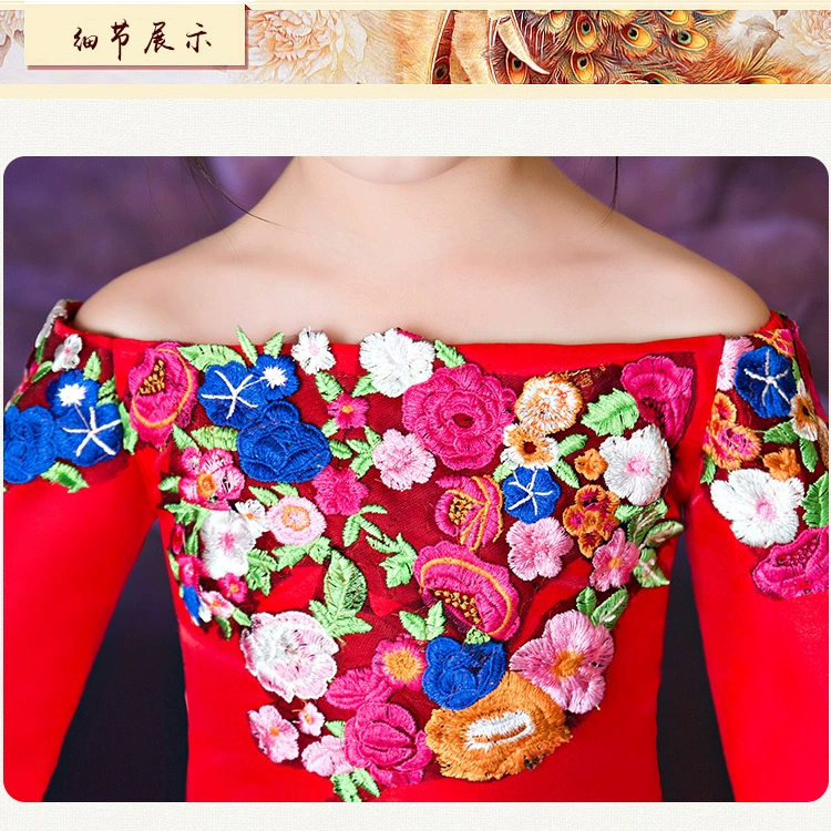 Váy catwalk cho bé gái mẫu đỏ công chúa dài tay đầm Trung Quốc phong cách từ vai bé gái trang phục mùa thu đầm trẻ em cao cấp