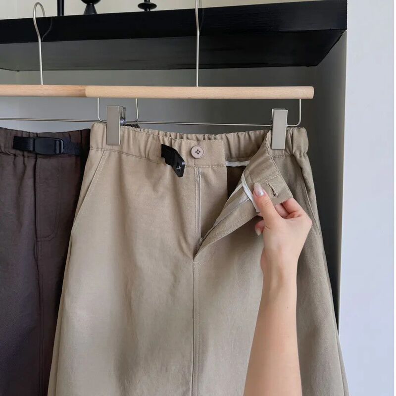 Tpqt/Wen Zhe Spring New Style Buckle Waist Back Slit Design Washed Woven Workwear Style Small A-Line Skirt