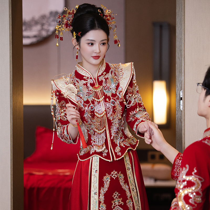 Xiuhe Dress 2025 New Autumn and Winter Bridal Wedding Dress Chinese Style Wedding Attire Large Size Dragon and Phoenix Gown for Petite Figures