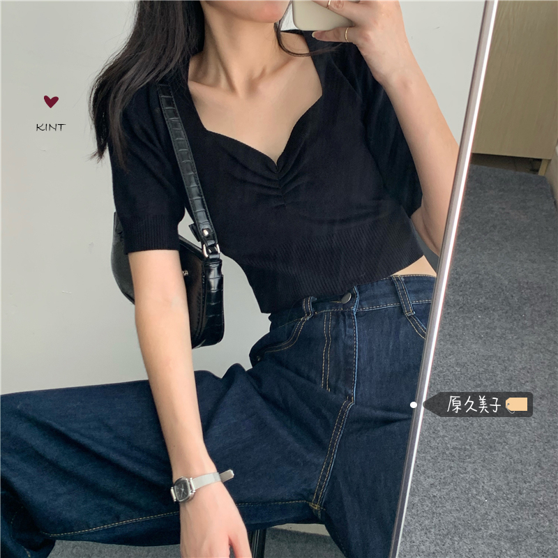 Original Gyummy Gentle Teenage Girl KINT ~ Han Ensemble Retro Style Sweetness Pleated V Collar Girl Sensation Knit Blouse Woman