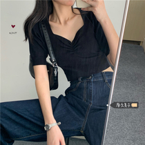 Original Gymson gentle teenage girl KINT ~ Korean family retro French style sweet and beautiful folds v lead girl feel knit blouse