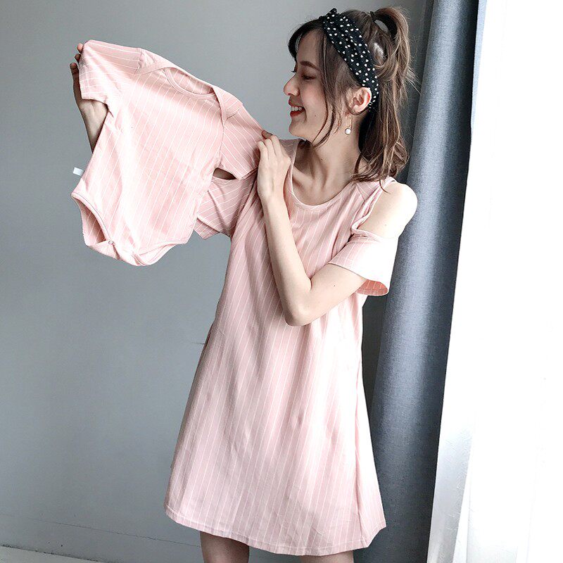 2022 Summer New Pregnant Woman Foreign Dress Postpartum Breastfeeding Dress In Long Version Short Sleeves Laced Cotton Kini Dress