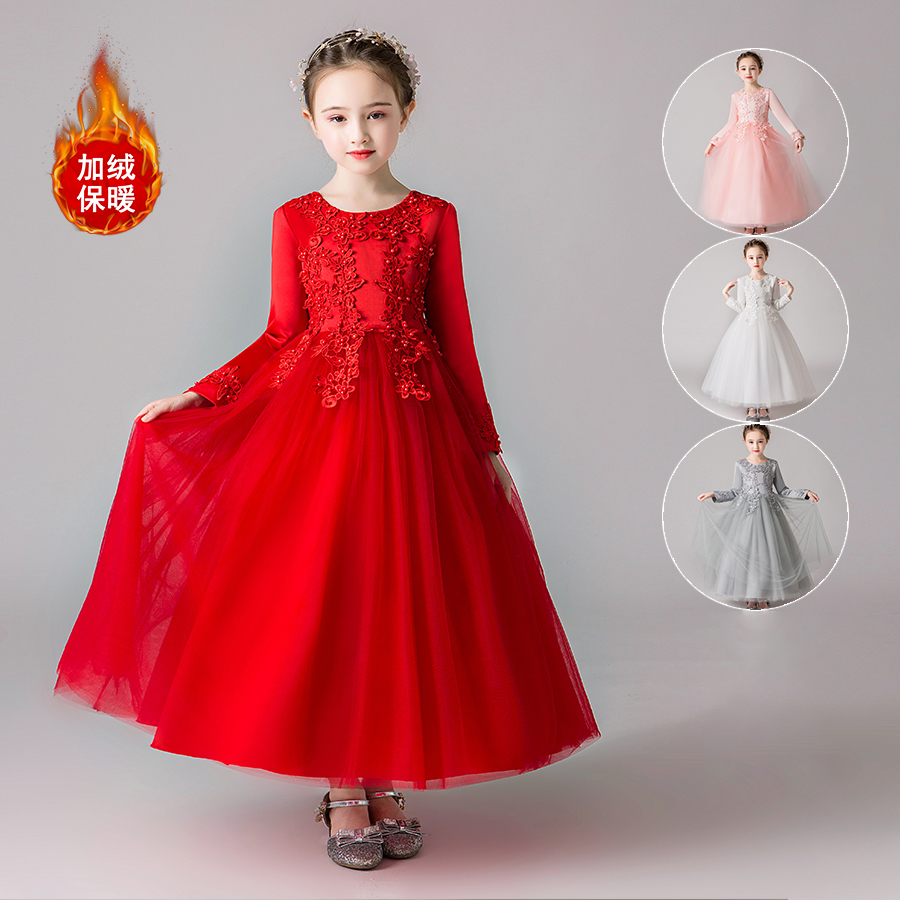 Flower child wedding little girl autumn winter children's wedding dress girl piano performance dress fluffy gauze princess skirt foreign pie