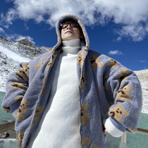 (VERA MENS) Korea ins winter loose Lamb hair bear print casual hooded couple coat tide