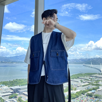 (VERA KANE) Korea ins summer fashion high street loose buckle design denim sleeveless vest trendy man