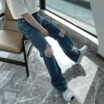(VERA KANE) South Korea ins leisure street beggar wind hole straight wide leg loose jeans trickle man