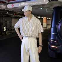 (VERA KANE) Korea ins summer Cuban collar stripes loose casual fashion short sleeve shirt trendy men