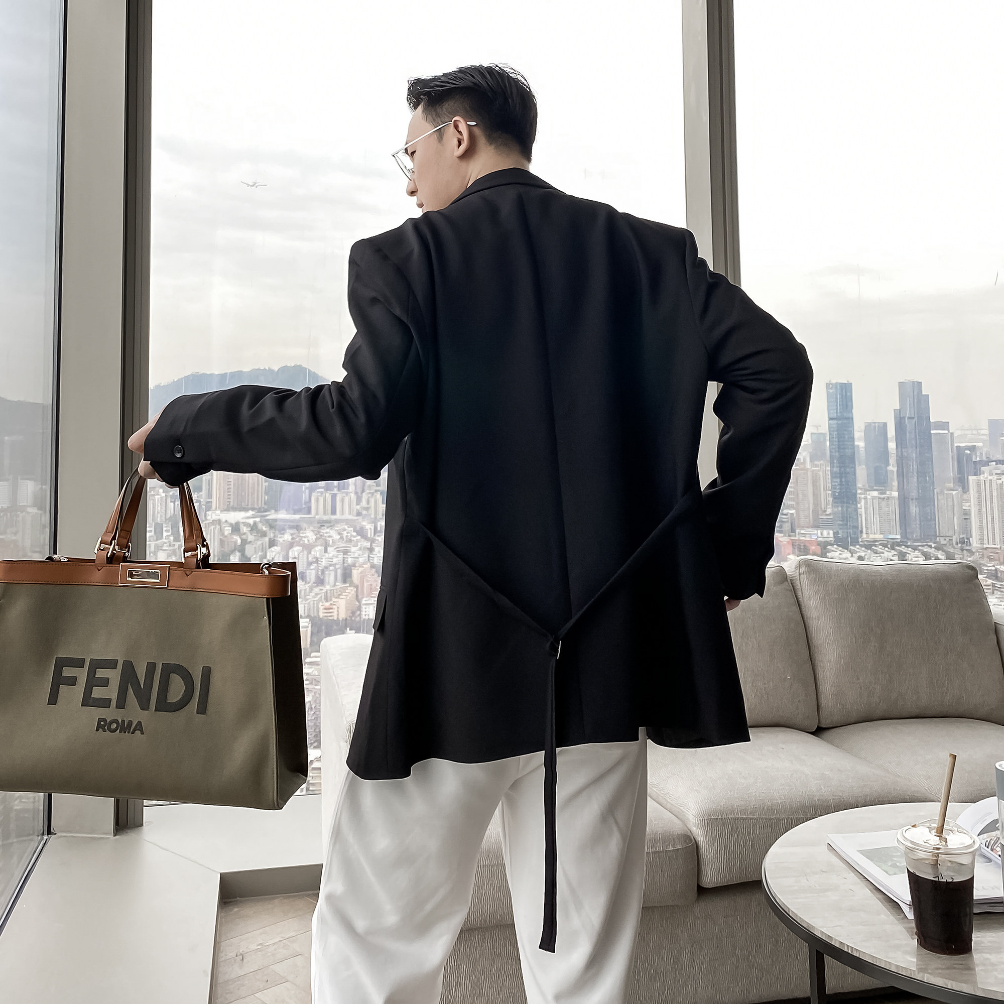 (VERA KANE) South Korea ins casual waist draped long sleeve solid color wild loose suit jacket jacket tide man