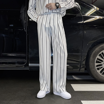 (VERA KANE) Korean ins casual loose advanced sense vertical stripe design straight wide leg pants trend men