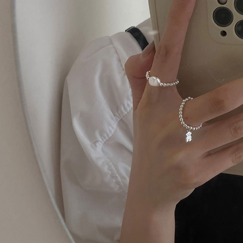 New bright silver pearl elastic rope ring 925 sterling silver simple personality bear love index finger ring for children