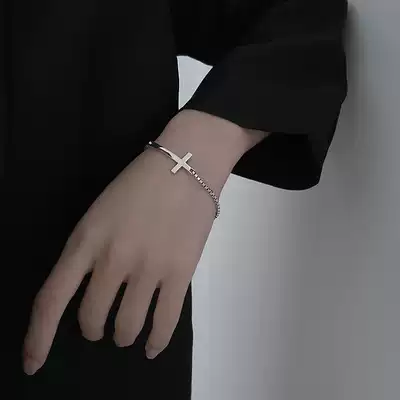 Cross hands ~ overall sterling silver simple girl ins niche design cold wind adjustable thick chain bracelet