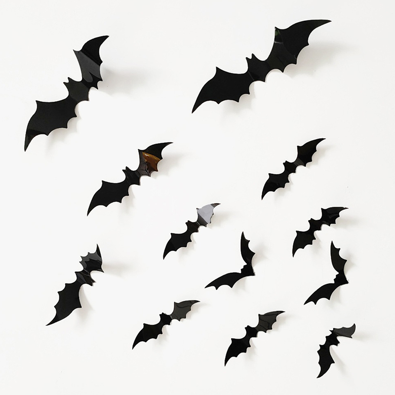 Halloween Black Bat Wall Stickers 12 Pieces 3D Stickers Haunted House Secret Room Background Wall Decoration Horror Spider Three-Dimensional