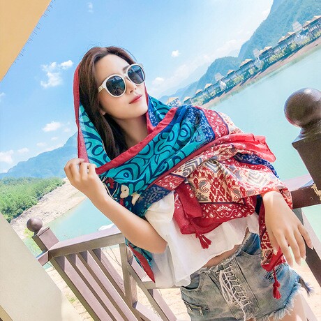 Spring and autumn cotton and linen gauze middle-aged sunscreen ladies mother long version shawl scarf middle-aged and elderly thin silk scarf
