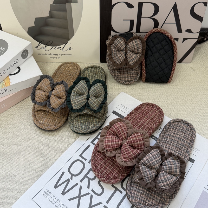 Checkered Pattern) New Pastoral Style Lightweight Soft-Soled Plaid Striped Home Couple's Non-Slip Silent Thickened Fabric Slippers