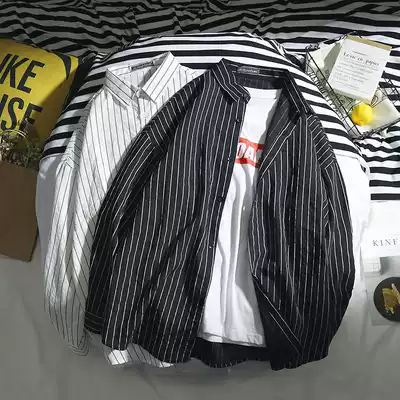 Early autumn ins Hong Kong flavor striped shirt men's Korean version of the trend Harajuku style handsome net red long-sleeved shirt wild student