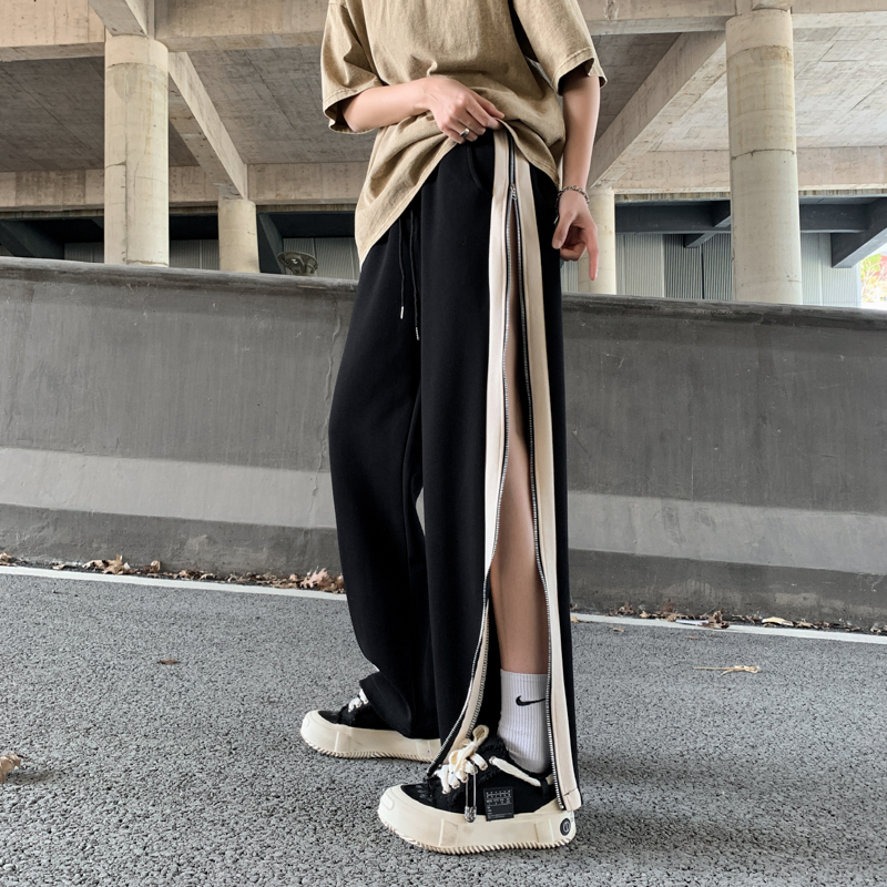 American High Street Drawstring Tape Sports Sweatpants for Men ins Trendy Loose Straight-Leg Zipper Slit Wide-Leg Flared Pants