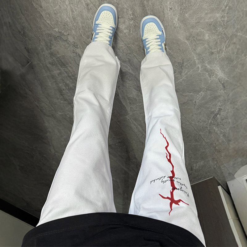 American High Street Vibe Lightning Print Flared Jeans for Men, Straight-Leg Slim Fit Casual Scimitar Pants