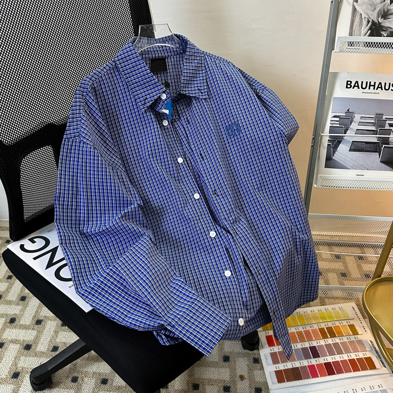 American-Style Blue Plaid Long-Sleeved Shirt for Men and Women, Trendy Autumn 2026 New Korean-Style Lapel Casual Jacket Shirt