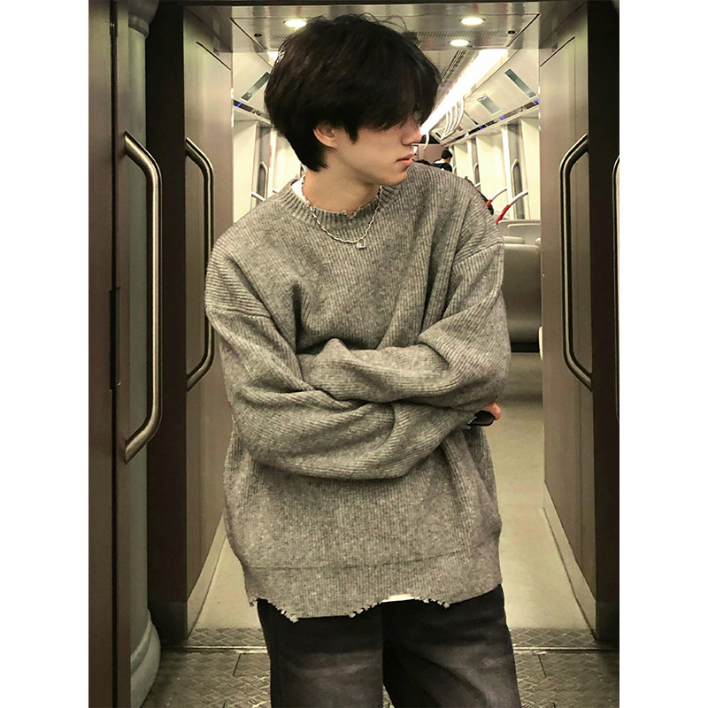 Gray Distressed Style Sweater for Men, Autumn and Winter Korean Style Lazy Style Inner Layering Shirt, Cleanfit Knitwear Jacket Gray Distressed Style Sweater for Men, Autumn and Winter Korean Style Lazy Style Inner Layering Shirt, Cleanfit Knitwear Jacket