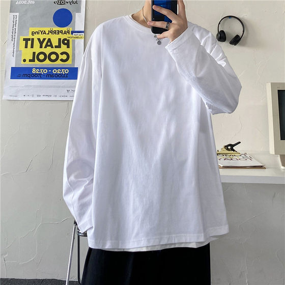 Solid color long-sleeved T-shirt for boys, trendy autumn Korean version, loose and versatile, trendy ins couple style bottoming shirt
