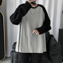 Spring Hong Kong style ins super fire stitching long-sleeved T-shirt mens loose trend Harajuku bf wind middle-sleeve bottoming shirt top clothes