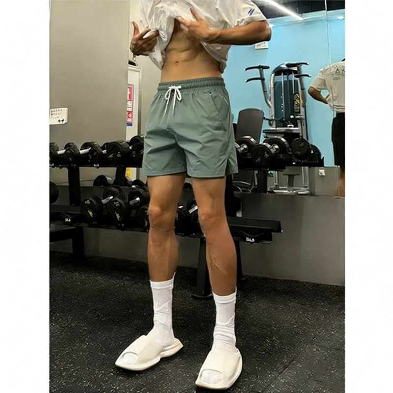 Ice Silk Quick-Drying Double-Pocket Zipper Drawstring Shorts Men's Fitness Quarter Pants for Outdoor Running Training Sports Split Mid-Length Pants