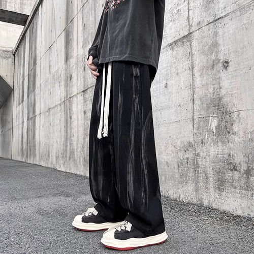 Ретро плетеные джинсы в стиле хип-хоп, штаны-клёш, на шнурках, свободный прямой крой