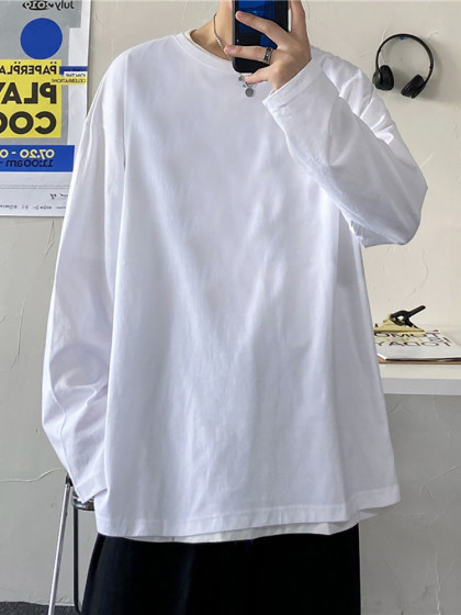 Solid Color Long-Sleeve T-Shirt for Men, Trendy Brand, Autumn Korean Style, Loose Fit, Versatile, Trendy ins Couple Style Base Shirt Top