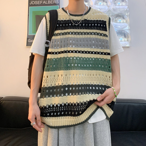 夏季男生背心新款宽松美式个性撞色条纹镂空马甲针织衫坎肩上衣潮
