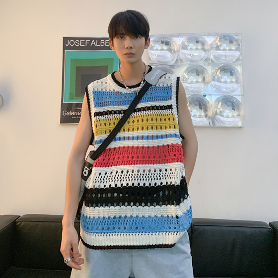 夏季男生背心新款宽松美式个性撞色条纹镂空马甲针织衫坎肩上衣潮