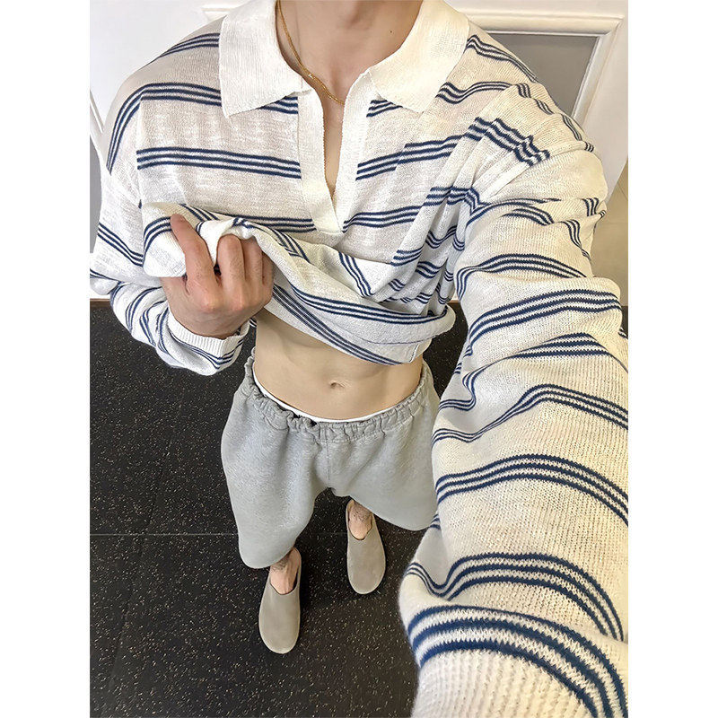 Knitted Thin Polo Shirt Long-Sleeved T-Shirt for Men, Summer Cool Breathable V-Neck Sun Protection Cover-Up, Sporty Style with Contrasting Colors