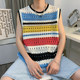 夏季男生背心新款宽松美式个性撞色条纹镂空马甲针织衫坎肩上衣潮
