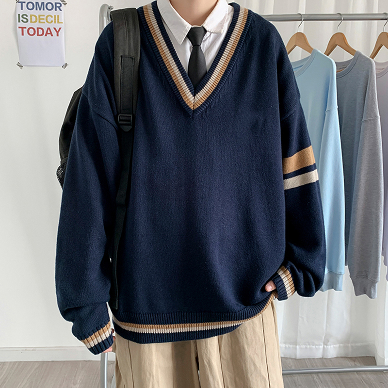 Autumn ins Hong Kong Style Color-Blocked V-Neck Knit Sweater for Men, Loose Knitwear, Student Trendy and Unique Japanese-Style Jacket