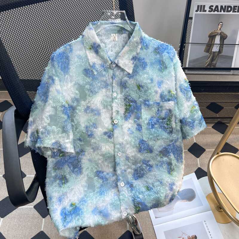 Niche Design Floral Short-Sleeved Shirt for Men, Thin Casual Loose Fit, Stylish Fringed Hem, Trendy and Cool Shirt