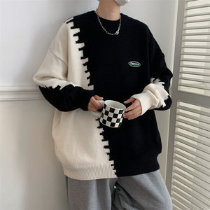 Autumn and winter splicing contrast color round neck sweater men's ins new all-match loose casual warm design sweater