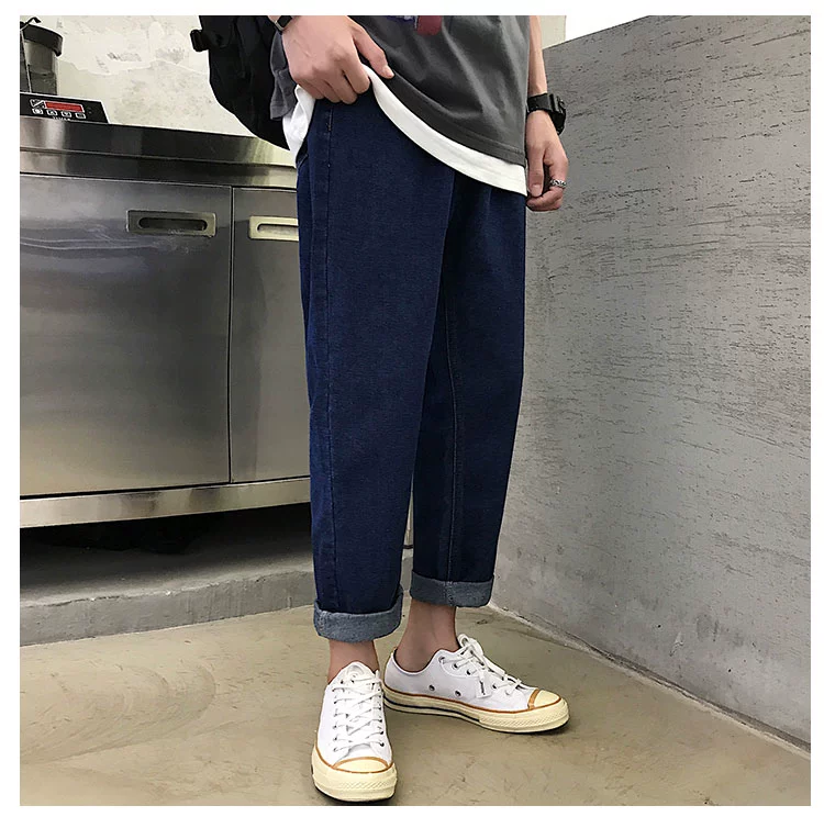 Mùa hè mới của nam Hàn Quốc 2019 quần jeans bến cảng màu rắn thẳng quần harem lỏng lẻo quần âu - Crop Jeans