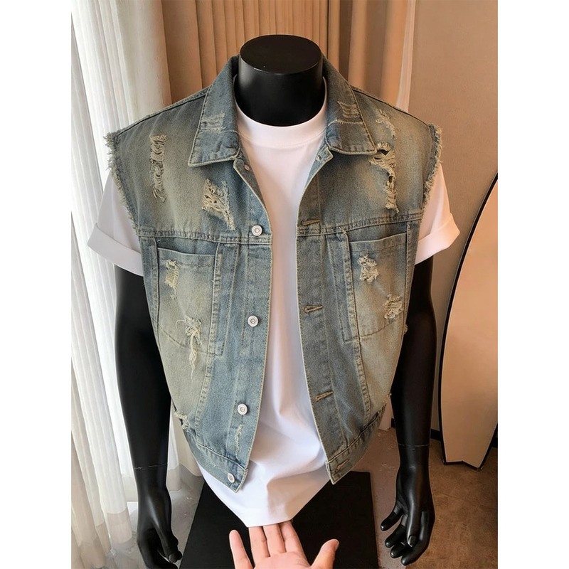 Washed Blue Frayed Sleeveless Denim Jacket for Men, Stylish Design Workwear Vest, Versatile Outerwear