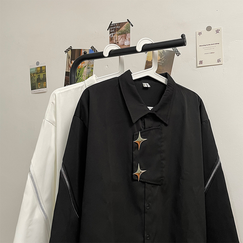 Unique Metal Star Button Shirt for Men and Women, Design with Drape, ins Korean Style, Loose Fit, Padded Shoulders, Long Sleeve Casual Shirt, Trendy