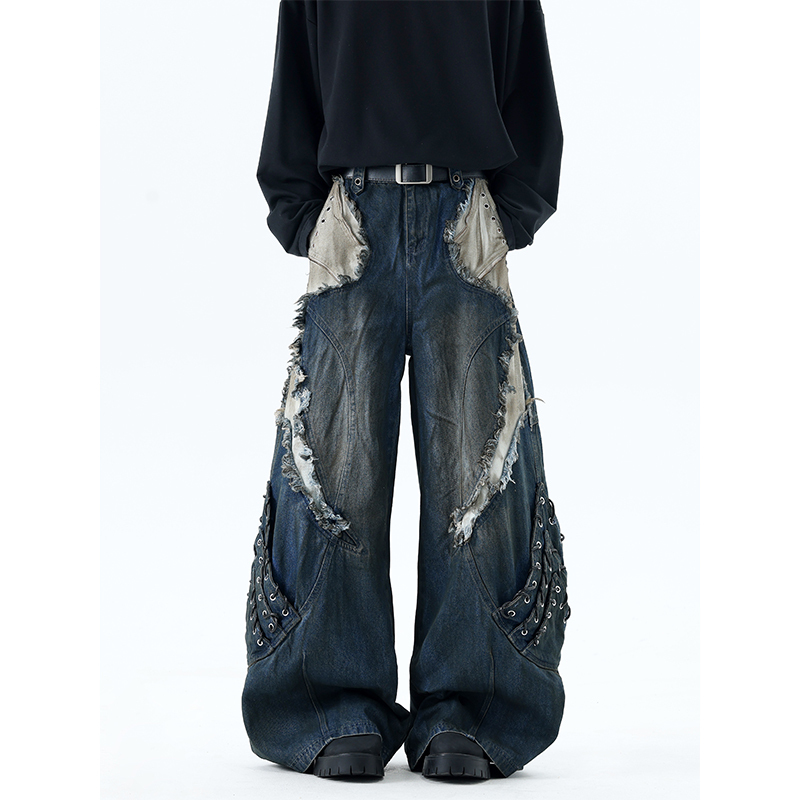 Wasteland Style Heavy-Duty Distressed Dirty-Dyed Patchwork Jeans for Men and Women with Frayed Edges and Tassels, Deconstructed Design Wide-Leg Pants Wasteland Style Heavy-Duty Distressed Dirty-Dyed Patchwork Jeans for Men and Women with Frayed Edges and Tassels, Deconstructed Design Wide-Leg Pants