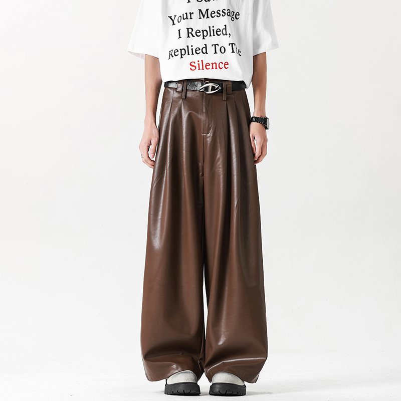 Pleated Wide-Leg Biker Pu Workwear Leather Pants for Men, Spring American Style Loose Straight High-End Drapey Flared Trousers