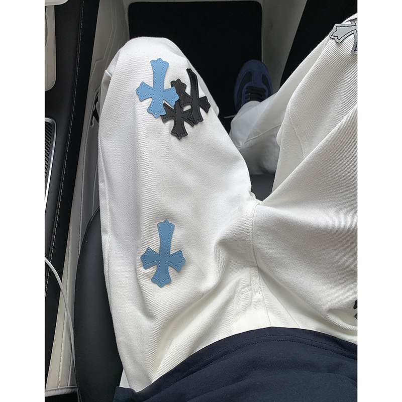 White Cross-Stitched Denim Jeans for Men and Women, Slightly Flared Straight-Leg, ins Loose Wide-Leg Floor-Length Scimitar Pants, Hip-Hop Style